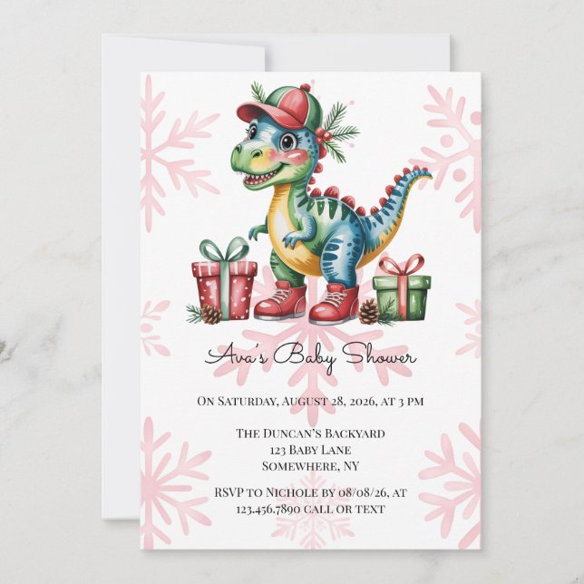 Christmas Blue Dino and Presents Boy Baby Shower Invitation (Front)