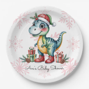 Christmas Blue Dino and Presents Boy Baby Shower Paper Plate