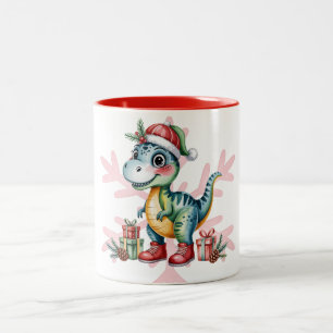 Christmas Blue Dino and Presents Boy Baby Shower Two-Tone Coffee Mug