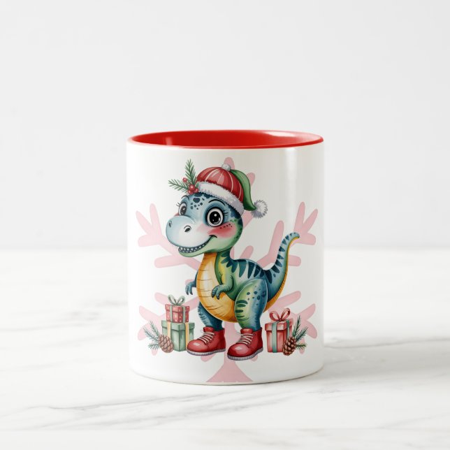 Christmas Blue Dino and Presents Boy Baby Shower Two-Tone Coffee Mug (Center)