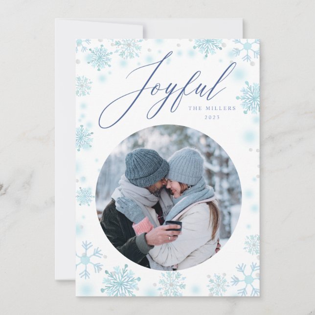 Christmas Blue Family Photo snowflake holiday card (Front)