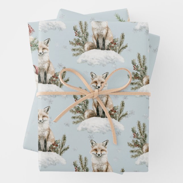 Christmas Blue Fox Snow Wrapping Paper Sheet (In situ)