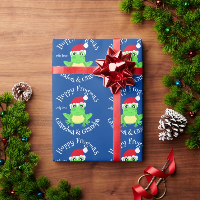 Christmas Blue Frog Santa Hat Novelty Name Wrapping Paper (Holiday Gift)