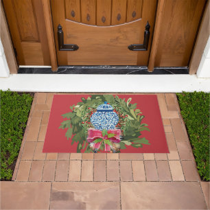 Christmas Blue Ginger Jar Wreath Doormat