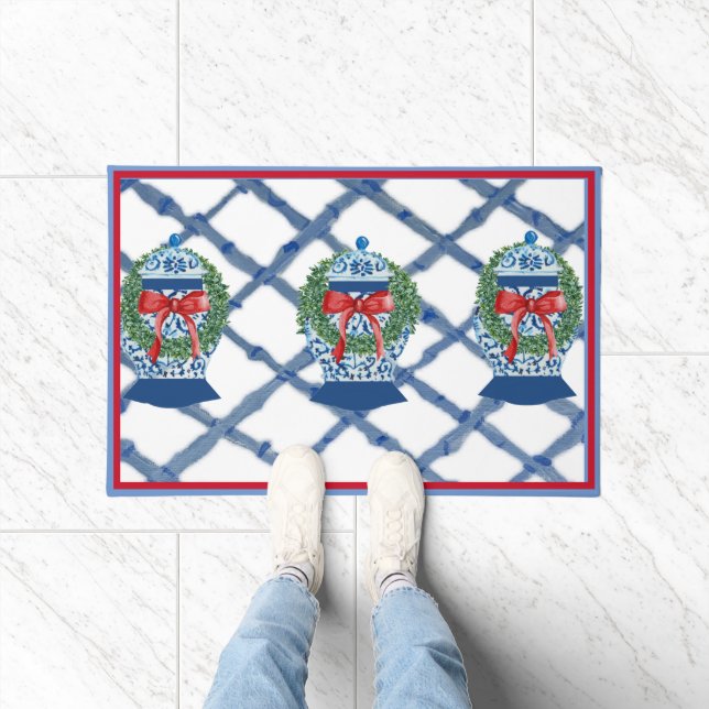 Christmas Blue Ginger Jars Doormat Welcome mat (Indoor)