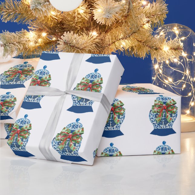 Christmas Blue Ginger Jars Wrapping Paper (Holidays)