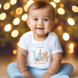 Christmas Blue Gingerbread Man Name 1st Birthday Baby T-Shirt