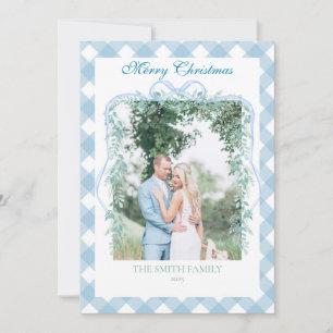Christmas Blue Gingham Garland Grandmillenial Holiday Card
