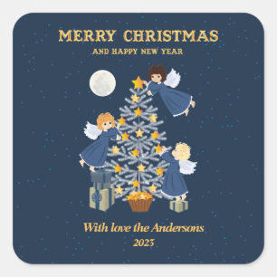 Christmas blue gold cute baby angels tree square sticker