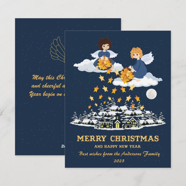 Christmas blue gold cute little angels holiday card (Front/Back)