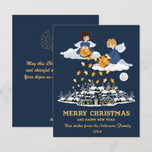 Christmas blue gold cute little angels holiday card