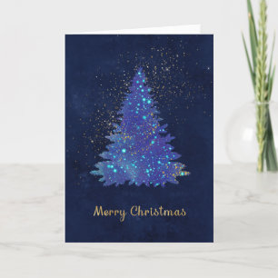 Christmas Blue Gold Pine Tree Watercolor Holiday Card