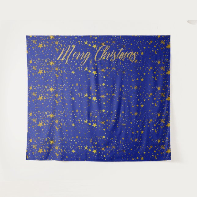 Christmas Blue Gold Stars Photo Booth Backdrop Tapestry (Front (Horizontal))