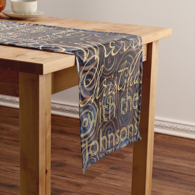 Christmas Blue Gold Swirls Personalize 14 x 72 Short Table Runner (In Situ)