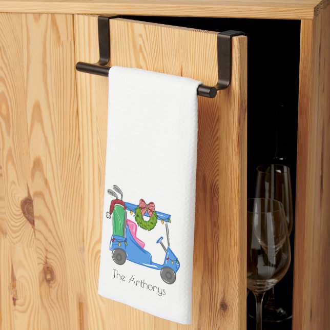 Christmas Blue Golf Cart Personalised Preppy Tea Towel (Thirds Fold)