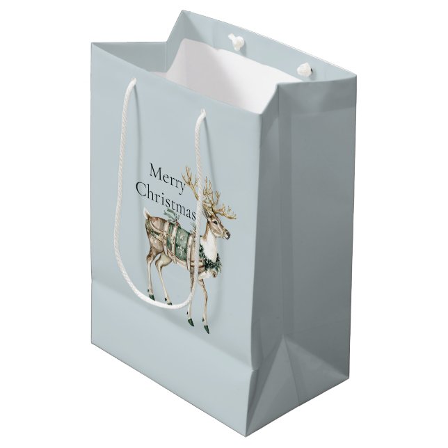 Christmas Blue Green Deer Medium Gift Bag (Front Angled)