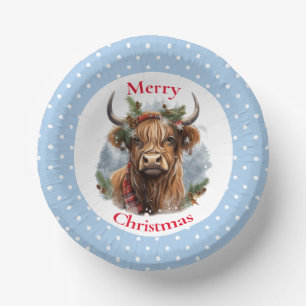 Christmas Blue Highlander Cow Paper Plate