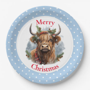 Christmas Blue Highlander Cow Paper Plate