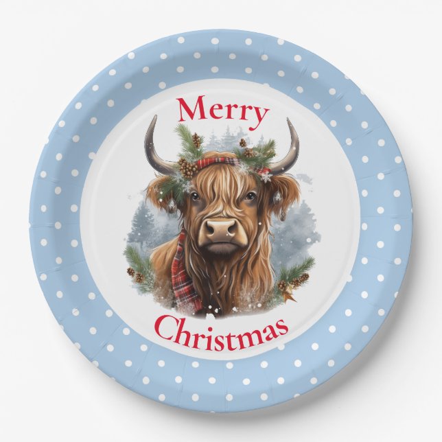 Christmas Blue Highlander Cow Paper Plate (Front)