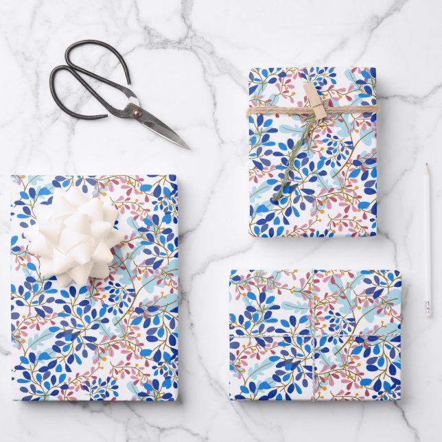 Christmas Blue Holiday Floral Pattern Wrapping Paper Sheet (Front)