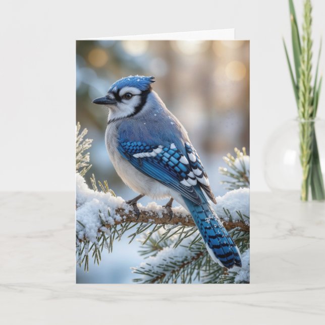 Christmas Blue Jay On a Snowy Pine  Card (Front)