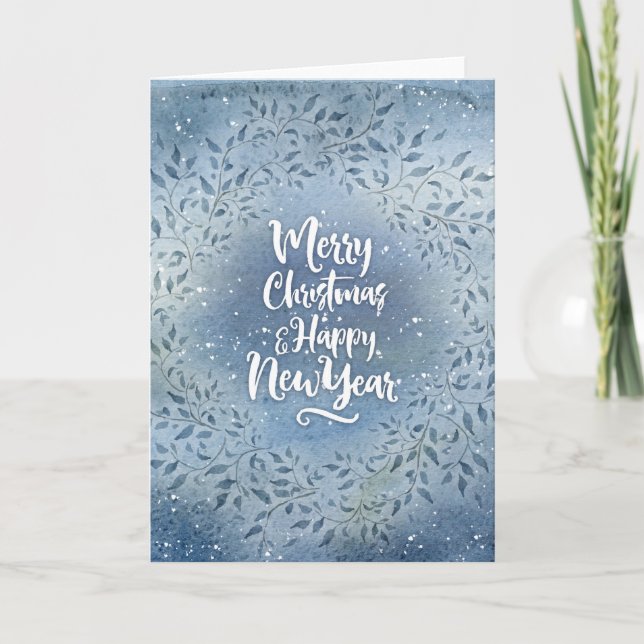 Christmas blue leaves holiday card (Front)
