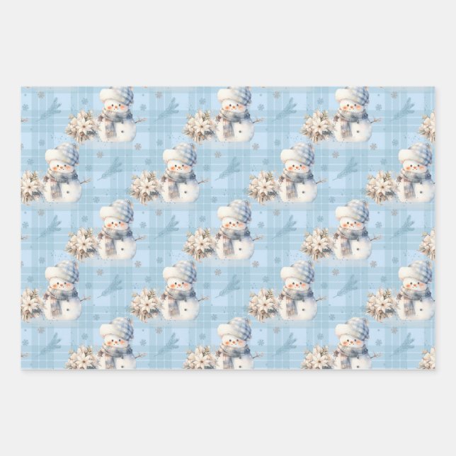 Christmas Blue Little Snowman Wrapping Paper Sheet (Front)
