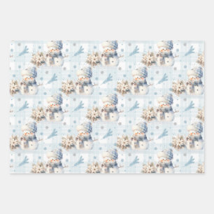 Christmas Blue Little Snowman Wrapping Paper Sheet