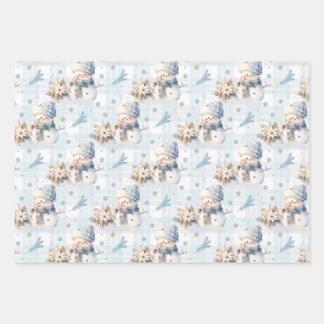 Christmas Blue Little Snowman Wrapping Paper Sheet (Front)