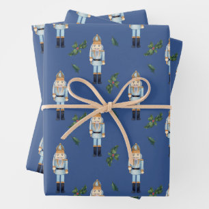Christmas Blue Nutcracker and Holly Berry Branches Wrapping Paper Sheet