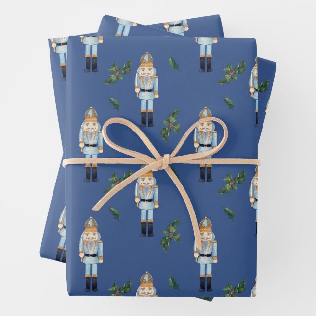 Christmas Blue Nutcracker and Holly Berry Branches Wrapping Paper Sheet (In situ)