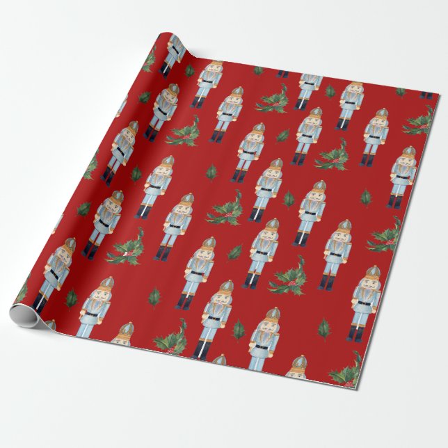 Christmas Blue Nutcrackers on Red   Wrapping Paper (Unrolled)