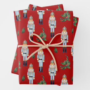 Christmas Blue Nutcrackers on Red  Wrapping Paper Sheet
