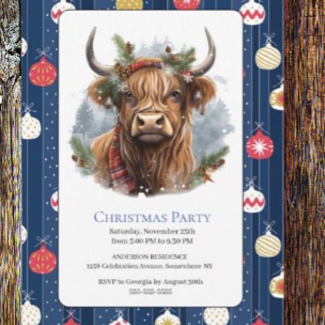 Christmas Blue Party Baubles  Highlander Cow Invitation (Creator Uploaded)