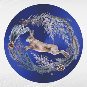 Christmas Blue Rabbit Floral Watercolor Classic Round Sticker
