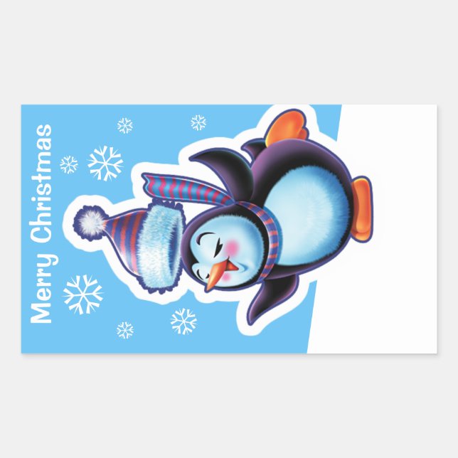 Christmas blue rectangular sticker Penguin skater. (Front)