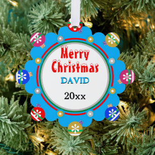 Christmas Blue Red Gold Snowflakes Boy NAME Tree Decoration Card