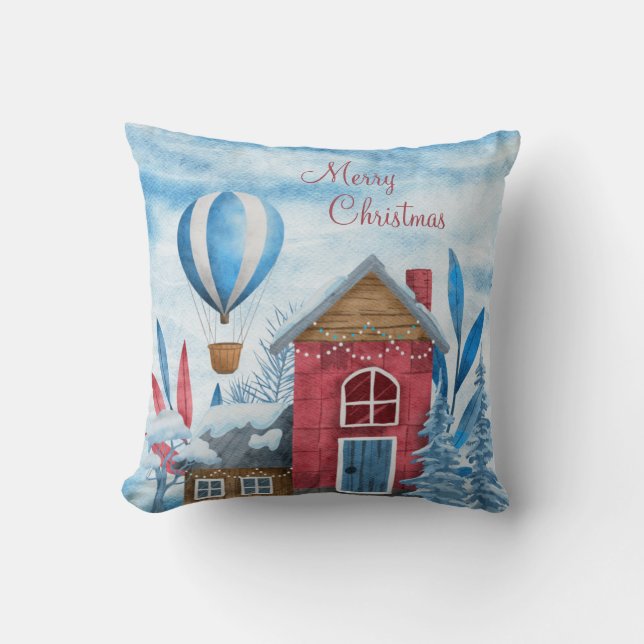 Christmas Blue & Red Winter Village & Animals  Cushion (Front)