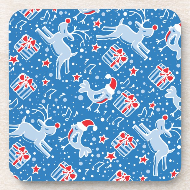 Christmas blue reindeer bird set of 6 coasters (Front)
