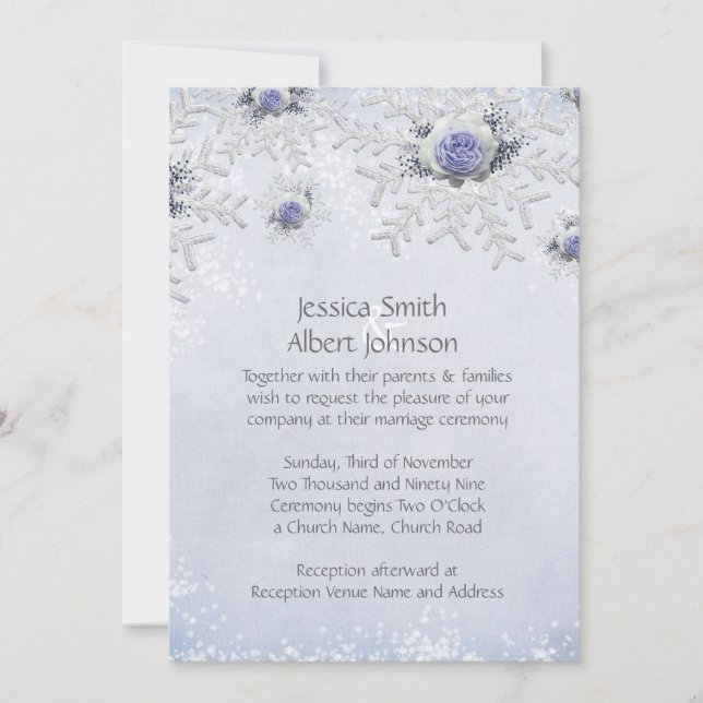 Christmas Blue Roses Snowflakes Wedding Invite (Front)