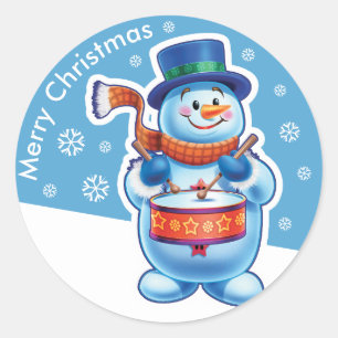 Christmas blue round sticker Snowman drummer.