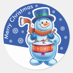 Christmas blue round sticker Snowman drummer.