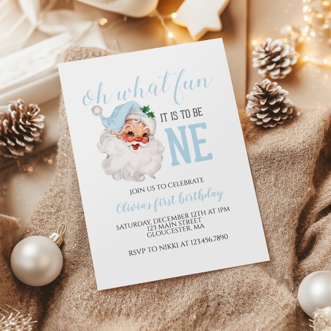 Christmas blue Santa First Birthday Invitation (Creator Uploaded)