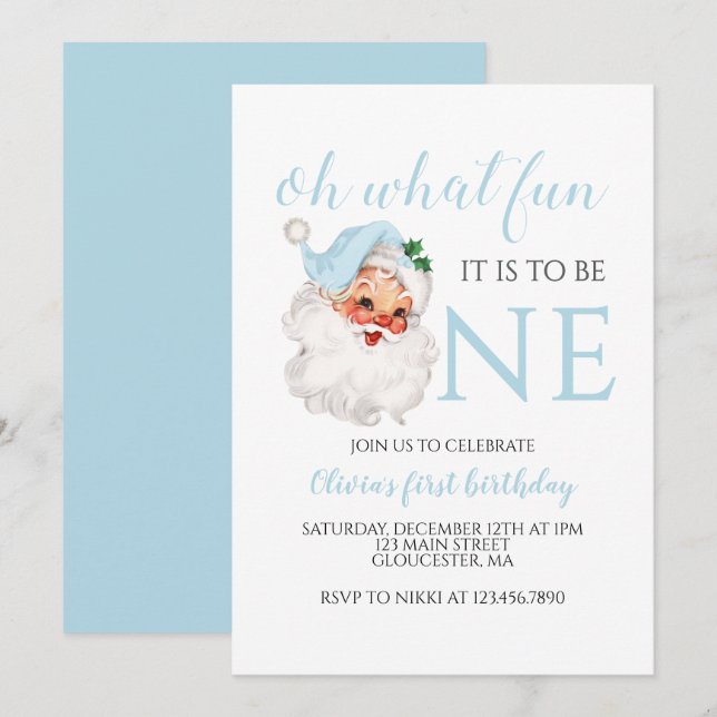 Christmas blue Santa First Birthday Invitation (Front/Back)
