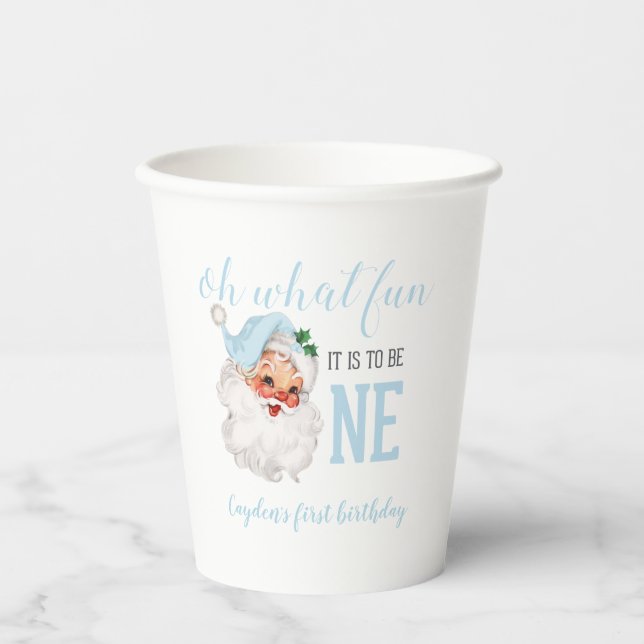 Christmas Blue Santa First Birthday Paper Cups (Front)