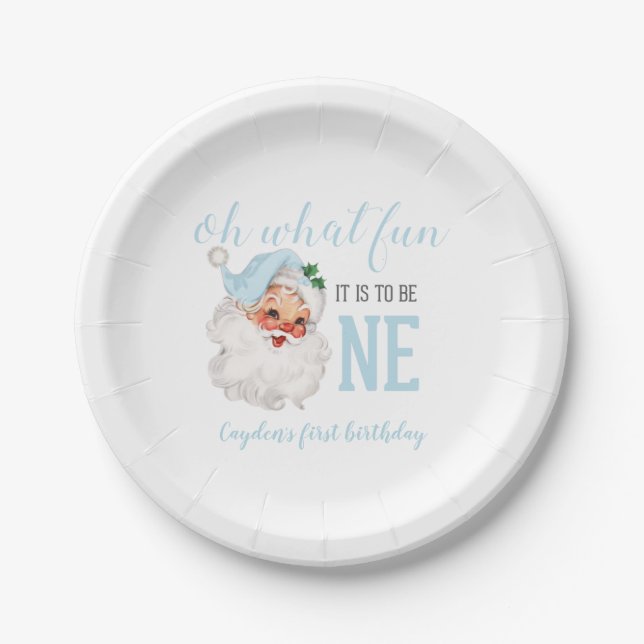Christmas Blue Santa First Birthday Paper Plate (Front)