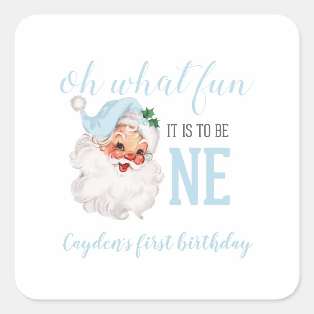 Christmas Blue Santa First Birthday Square Sticker (Front)