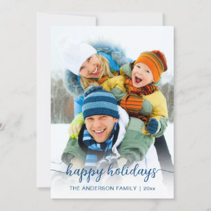 Christmas Blue Script Photo Happy Holiday Card