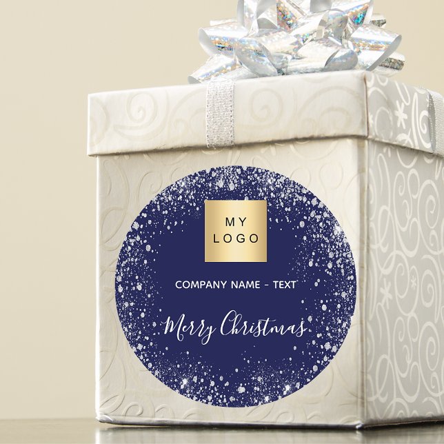 Christmas blue silver glitter business logo classic round sticker (Creator Uploaded)