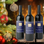 Christmas blue silver glitter business logo wine label<br><div class="desc">A classic navy blue background,  decorated with faux silver glitter,  sparkles. Personalise and add your business,  company logo and a text.  Text: Merry Christmas written with a modern hand letteres style script.</div>